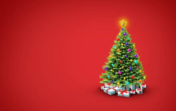 istock Green Christmas Tree On A red Background 1758989785
