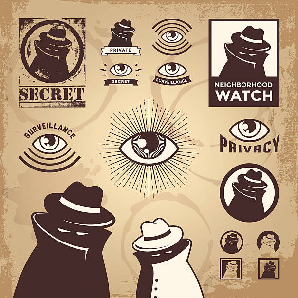 Vector illustration of set of crime related icons  big brother orwellian concept stock illustrations