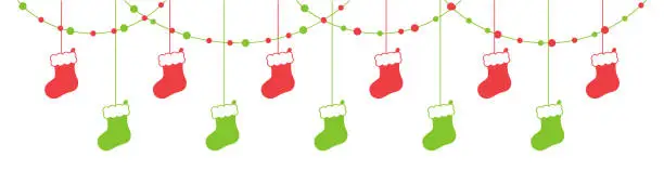 Vector illustration of Merry Christmas Border Banner, Hanging Santa Stockings Garland. Winter Holiday Season Header Decoration. Web Banner Template. Vector illustration.