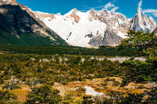 Mountain landscape with Mt Fitz Roy and Laguna de Los Tres in Los Glaciares National Park, Patagonia, Argentina, South America.