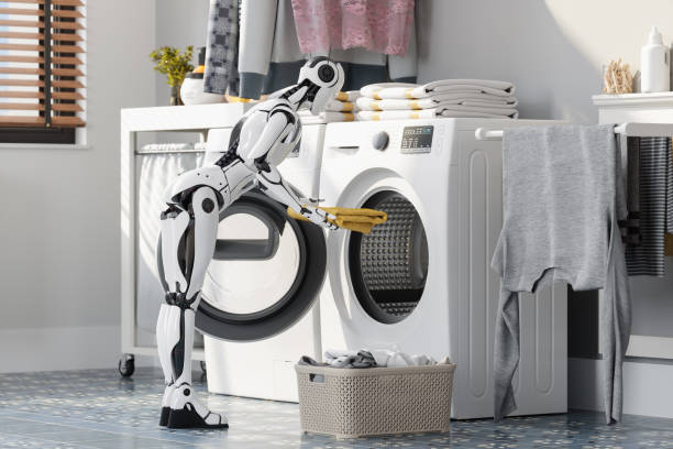 istock Close-up View Of Robot Assistant Folding Clean Laundry In Laundry Room 1759016582