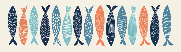 Set of colorful sardines. Vector hand drawn illustration