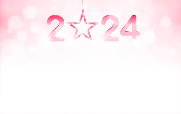 Vector illustration of Glittery shiny horizontal vector backgrounds in bright gradient pastel soft light pink color with bubble or lens flare all over like bokeh lights for Christmas and New Year celebrations with illuminated hanging star and text 2024