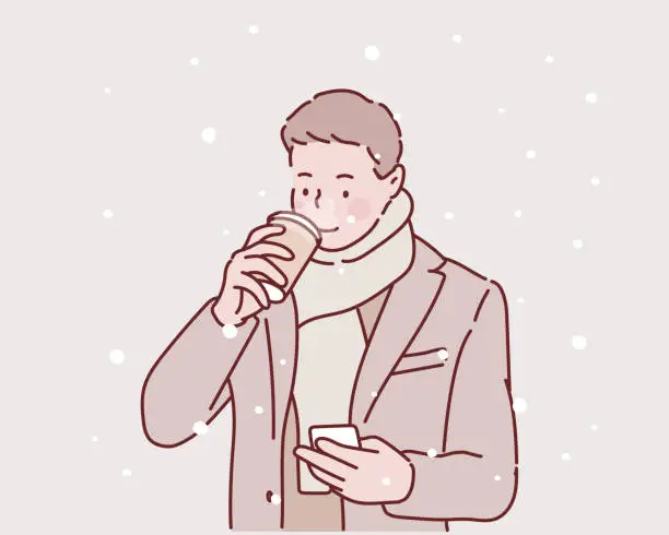 Vector illustration of Front view portrait of a businessman walking towards camera and using a smart phone in the street in winter.