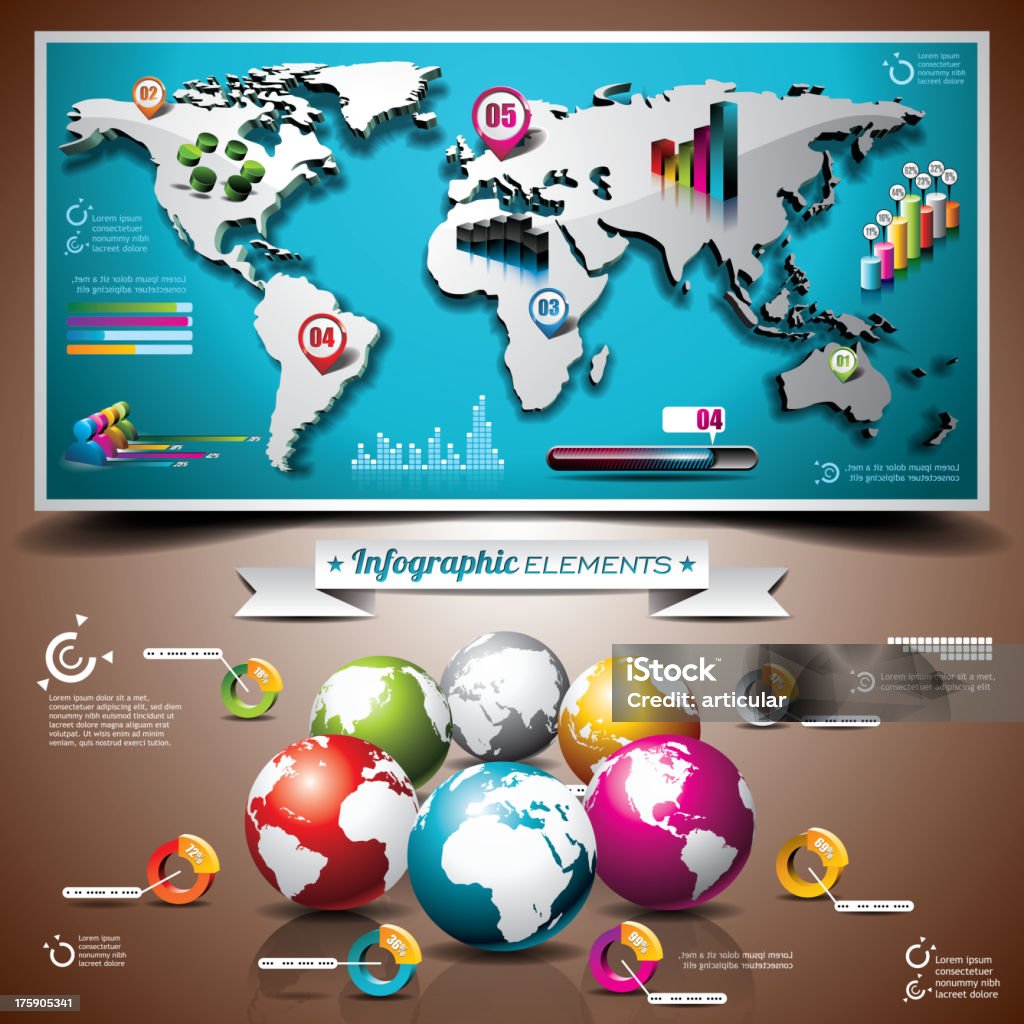 Mapa-múndi design conjunto de elementos para infográficos - Vetor de Abstrato royalty-free