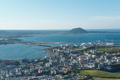 An aerial view of the seaside town of Jeju Island, South Korea