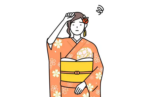 Vector illustration of Hatsumode at New Year's and coming-of-age ceremonies, graduation ceremonies, weddings, etc, Woman in furisode put her hand on her head in distress.