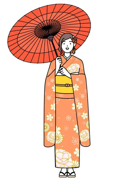 Vector illustration of Hatsumode at New Year's and coming-of-age ceremonies, graduation ceremonies, weddings, etc, Woman in furisode is holding a Japanese umbrella with smile