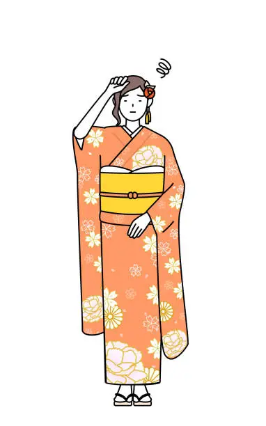 Vector illustration of Hatsumode at New Year's and coming-of-age ceremonies, graduation ceremonies, weddings, etc, Woman in furisode put her hand on her head in distress.