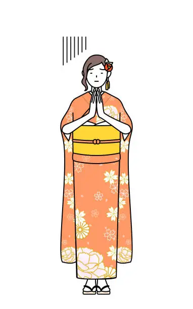 Vector illustration of Hatsumode at New Year's and coming-of-age ceremonies, graduation ceremonies, weddings, etc, Woman in furisode apologizing with her hands in front of her body.