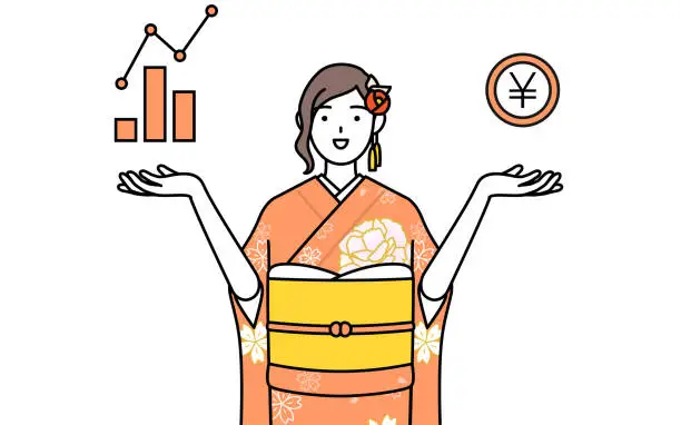 Vector illustration of Hatsumode at New Year's and coming-of-age ceremonies, graduation ceremonies, weddings, etc, Woman in furisode guiding an image of DX, performance and sales improvement.