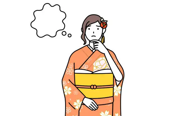 Vector illustration of Hatsumode at New Year's and coming-of-age ceremonies, graduation ceremonies, weddings, etc, Woman in furisode thinking while scratching her face.