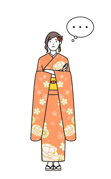 Vector illustration of Hatsumode at New Year's and coming-of-age ceremonies, graduation ceremonies, weddings, etc, Woman in furisode with crossed arms, deep in thought.