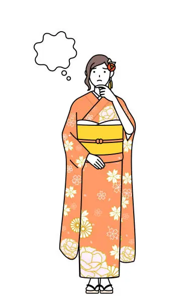 Vector illustration of Hatsumode at New Year's and coming-of-age ceremonies, graduation ceremonies, weddings, etc, Woman in furisode thinking while scratching her face.