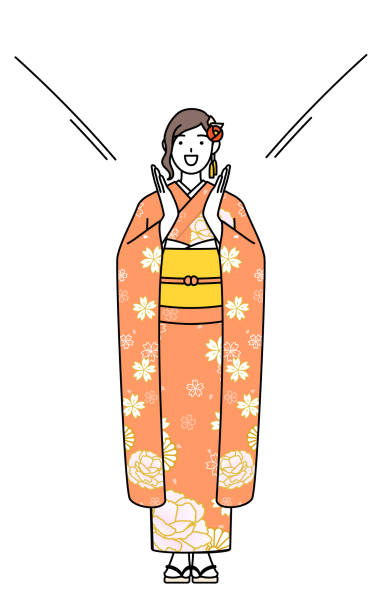 illustrazioni stock, clip art, cartoni animati e icone di tendenza di hatsumode alle cerimonie di capodanno e di raggiungimento della maggiore età, cerimonie di laurea, matrimoni, ecc., donna in furisode che chiama con la mano sulla bocca. - women leading guidance student