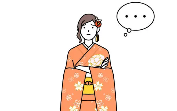 Vector illustration of Hatsumode at New Year's and coming-of-age ceremonies, graduation ceremonies, weddings, etc, Woman in furisode with crossed arms, deep in thought.