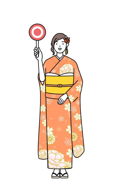 Vector illustration of Hatsumode at New Year's and coming-of-age ceremonies, graduation ceremonies, weddings, etc, Woman in furisode holding a maru placard that shows the correct answer.