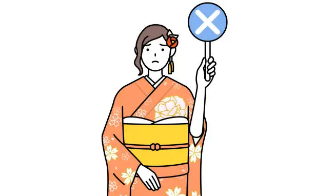 Vector illustration of Hatsumode at New Year's and coming-of-age ceremonies, graduation ceremonies, weddings, etc, Woman in furisode holding a placard with an X indicating incorrect answer.