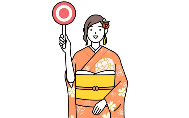 Vector illustration of Hatsumode at New Year's and coming-of-age ceremonies, graduation ceremonies, weddings, etc, Woman in furisode holding a maru placard that shows the correct answer.