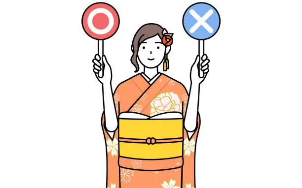 Vector illustration of Hatsumode at New Year's and coming-of-age ceremonies, graduation ceremonies, weddings, etc, Woman in furisode holding a placard indicating correct and incorrect answers.