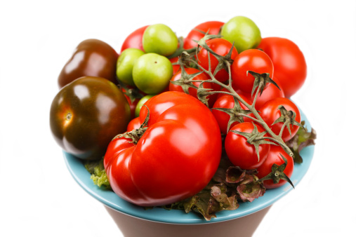 Various types of tomatoes in a bowl on the table