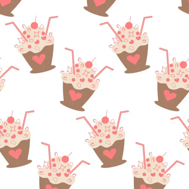 Vector illustration of Seamless pattern of stylized dessert in a cup with cocktail straw, decor and cream in trendy shades