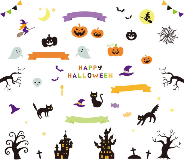 ilustraciones, imágenes clip art, dibujos animados e iconos de stock de conjunto de lindas ilustraciones de halloween - halloween witch frame wizard