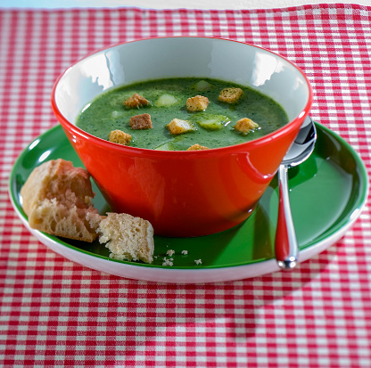 Healthy Green Cream Vegetable soup with croutons. Served in red bowl with spoons on checkered tablecloth, close up.