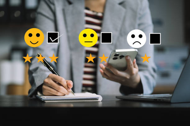 istock Happy Client customer experience concept. Woman recording phone inquiry with checkboxes, smiling face rating excellent for satisfaction survey. 1759124533