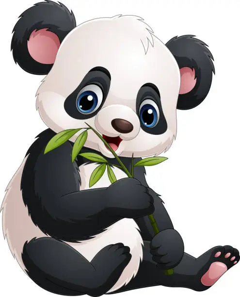 Vector illustration of Cartoon funny panda eating bamboo leaves