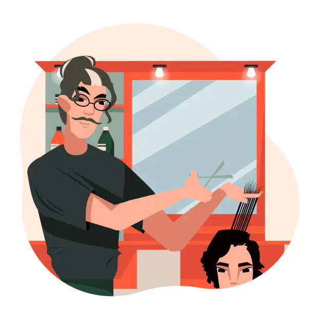 Vector illustration of Stylish man holding scissors and doing haircut to man. Hairdresser working with client