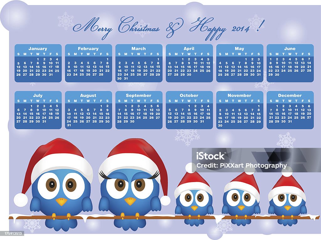 Calendário 2014 com engraçado azul aves Família - Royalty-free 2014 arte vetorial