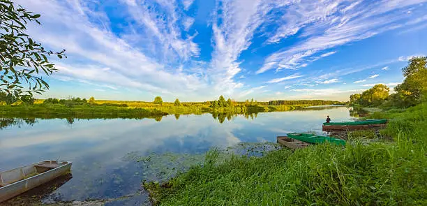 Sky And Clouds Reflection On Lake River