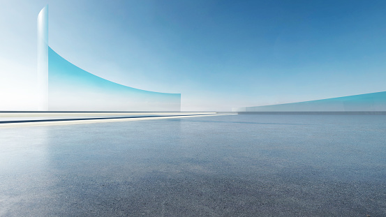 3d render of abstract futuristic architecture with empty concrete floor. Scene for car presentation.