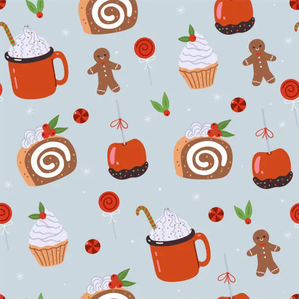 Vector illustration of Christmas seamless pattern with food and drinks. Vector graphics.