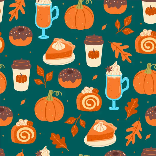 Vector illustration of Seamless autumn pattern with pumpkin drinks and desserts. Vector graphics.