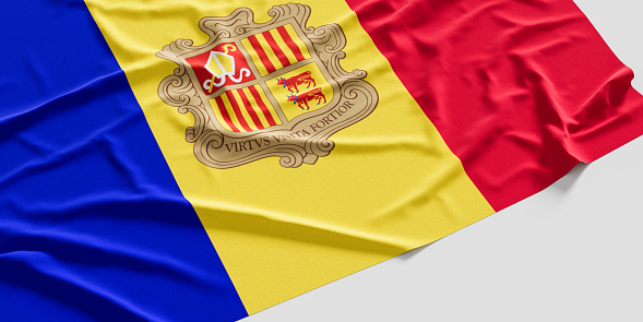 Spanish flag on round stand against white background. 3D horizontal composition with copy space. Easy to crop for all your social media and print size.