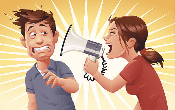 Convincing Arguments A young woman shouting at her husband or boyfriend with a megaphone. EPS 10 (image contains transparencies), fully editable, grouped and labeled in layers. wife stock illustrations