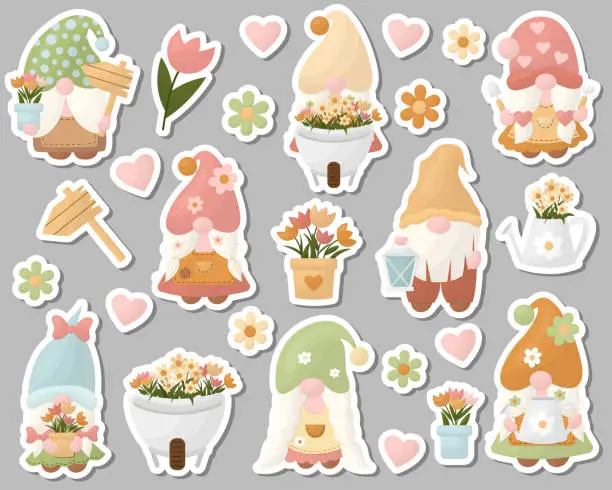 Vector illustration of Set of vector illustrations stickers garden gnomes with flowers