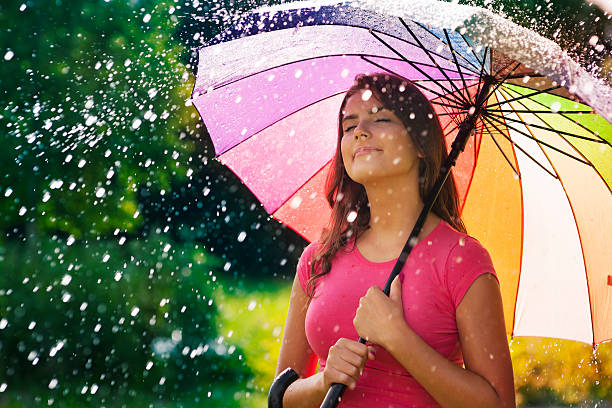istock Young woman breathing fresh air during the spring rain 175919513