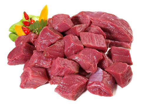 Raw Deer Ragout - Wild Game Meat on white Background