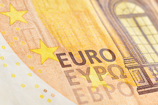 50 Euro banknote background. Selective focus at the EURO word on the note.