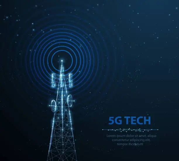 Vector illustration of Abstract antenna mast on blue. 5G technology, telecommunication industry