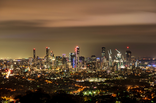 Brisbane city skyline at night. View from Mt Coot-tha.