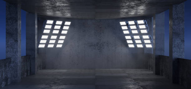 istock Concrete background illuminated by spotlights. Hangar. Concrete. LED lights. Spotlighting. Garage. Futuristic background. Futuristic corridor. Showroom. 3D rendering 1759227684