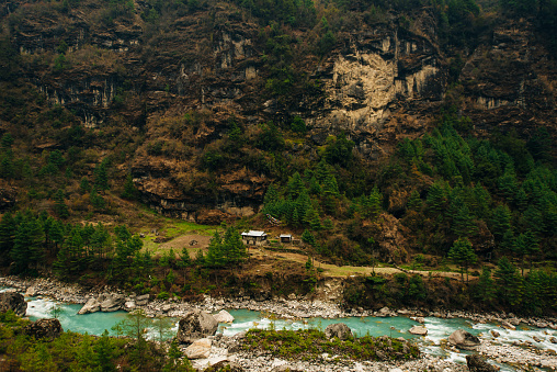 Beautiful mountain landscape in Himalayas, Nepal. Big mountains, blue river and fresh air. High quality photo