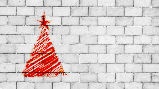A very light grey white colored brick wall with rectangular blocks, textured grungy vector backgrounds. There is no people and copy space. It is a rustic modern backdrop Christmas, New Year greeting card, poster template with one red painted artistic free hand tree and star.