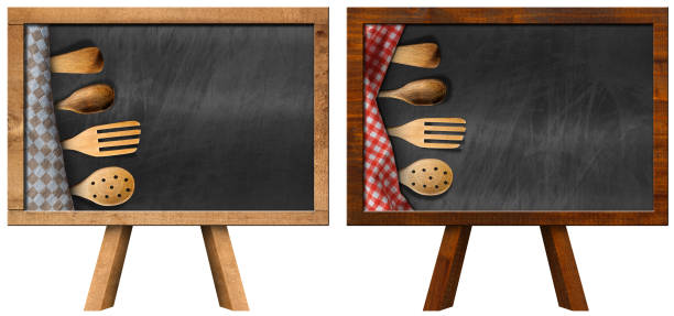 istock Empty Blackboards with Wooden Easel and Wooden Kitchen Utensils 1759233943