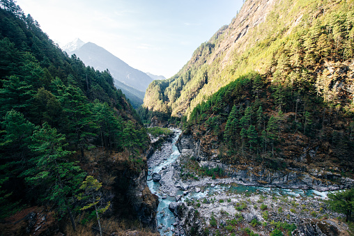 Beautiful mountain landscape in Himalayas, Nepal. Big mountains, blue river and fresh air. High quality photo