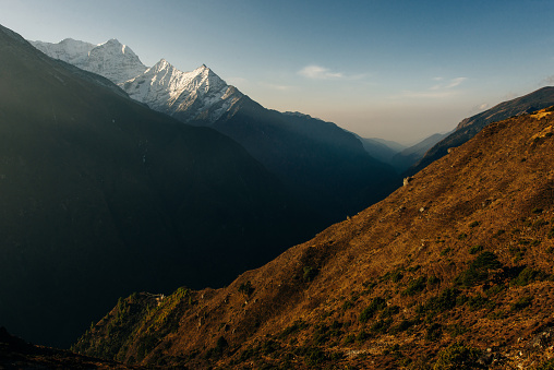 panorama view of Mount Everest massif (including Nuptse and Lhotse) and Ama Dablam from Namche Bazar, Himalayas, Nepal. High quality photo